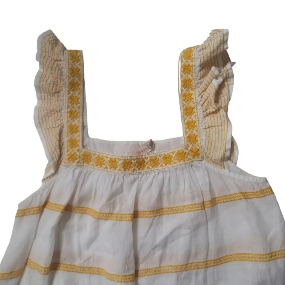 TORY BURCH Ruffle-Trimmed Embroidered Linen and Cotton-Blend Mini Dress Size‎ S